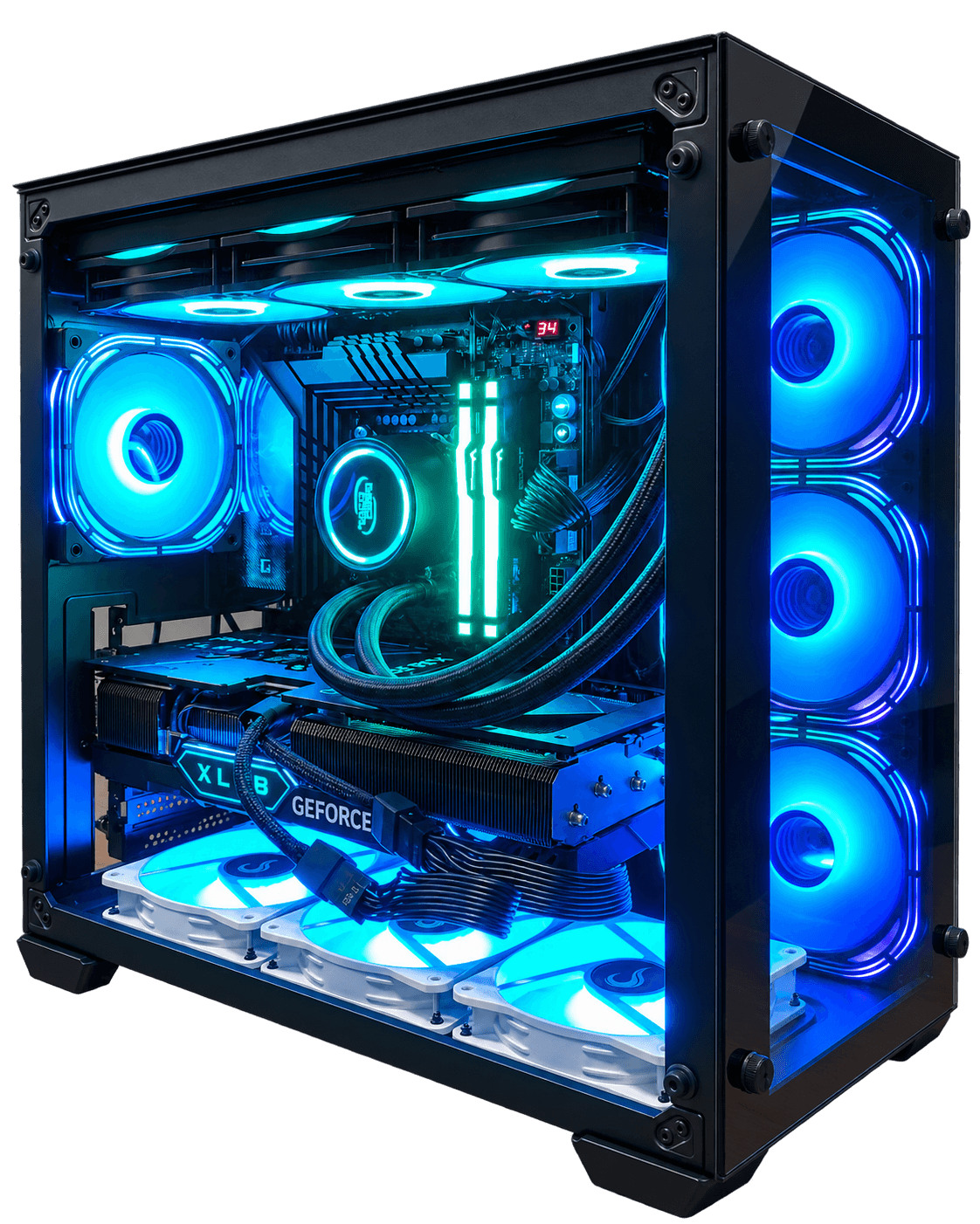 Computador montado pela BPInfo com iluminação ciano e tela integrada exibindo temperatura da CPU